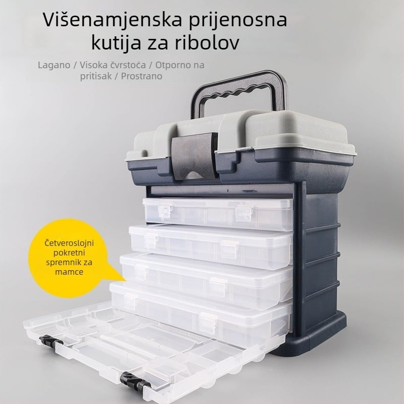 Višenamjenska kutija za ribolov s sjedalom, velikim kapacitetom za pohranu te prijenosna kutija za mamce i dodatke.