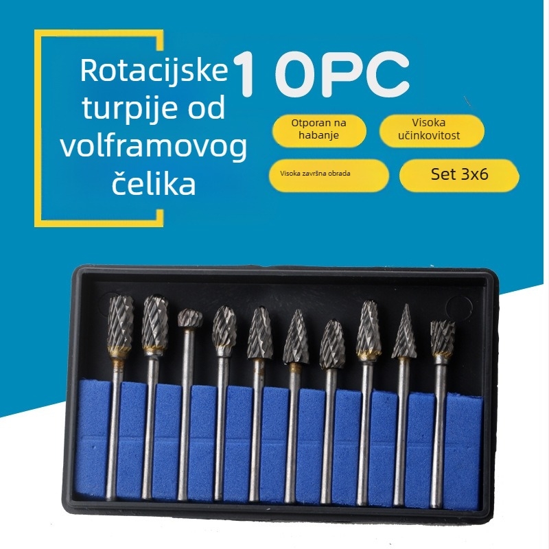 Set od 10 dvostrukih žljebastih rotacijskih filea od volfram čelika za obradu drveta – mini električni glodalica za korijensko rezbarenje