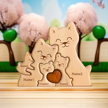 Drveni mačji puzzle ukras za dom — topla obiteljska scena