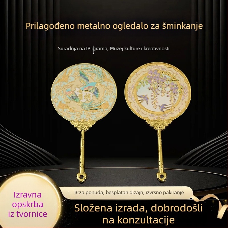 Prilagođena metalna figurica sa ogledalom za šminku – cinkova legura, zlatno-srebrni suvenir, poslovni poklon