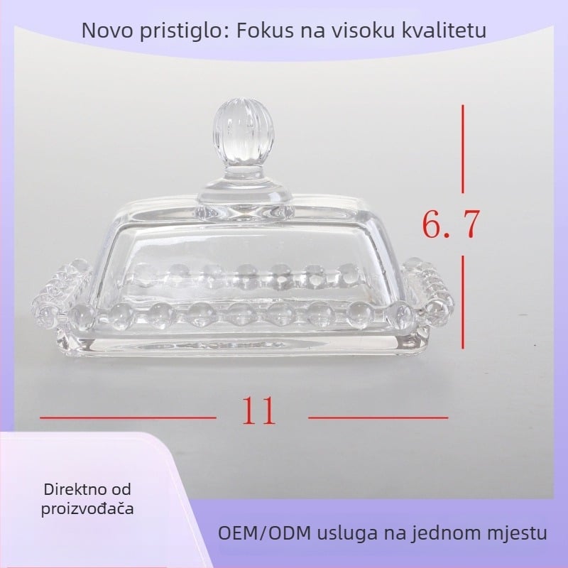 Kvadratna staklena posuda za maslac s poklopcem, rub s perlama; kutija za pohranu nakita i sira