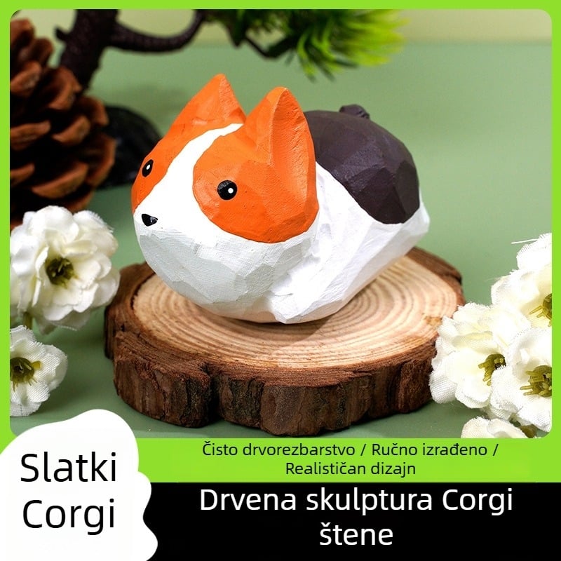 Ručni izrezbareni drveni lik Corgi — slatka karikaturna dekoracija za stol, ručno oslikana