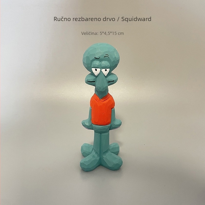 Ručna drvena skulptura: Squidward kao zapadnjački kauboj — stolna dekoracija