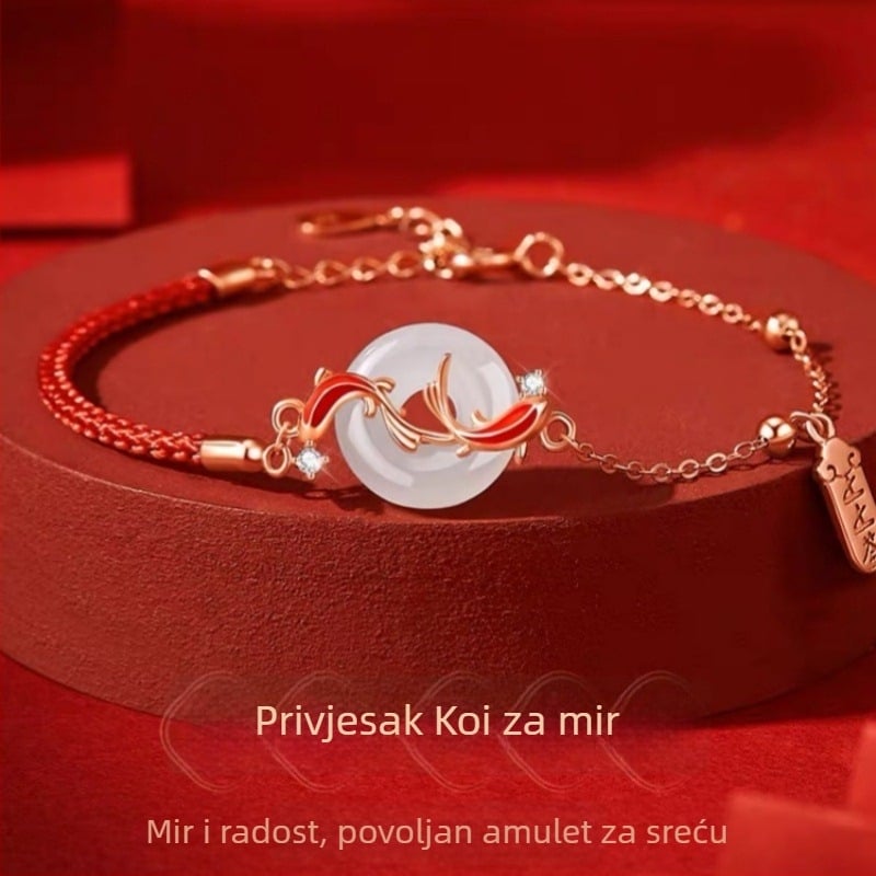 Narukvica od Hetian jade s koi motivom i sigurnosnom kopčom, crveni konopac, ženski set s lucky perlama i ogrlicom, dar djevojci u godini zodijaka.