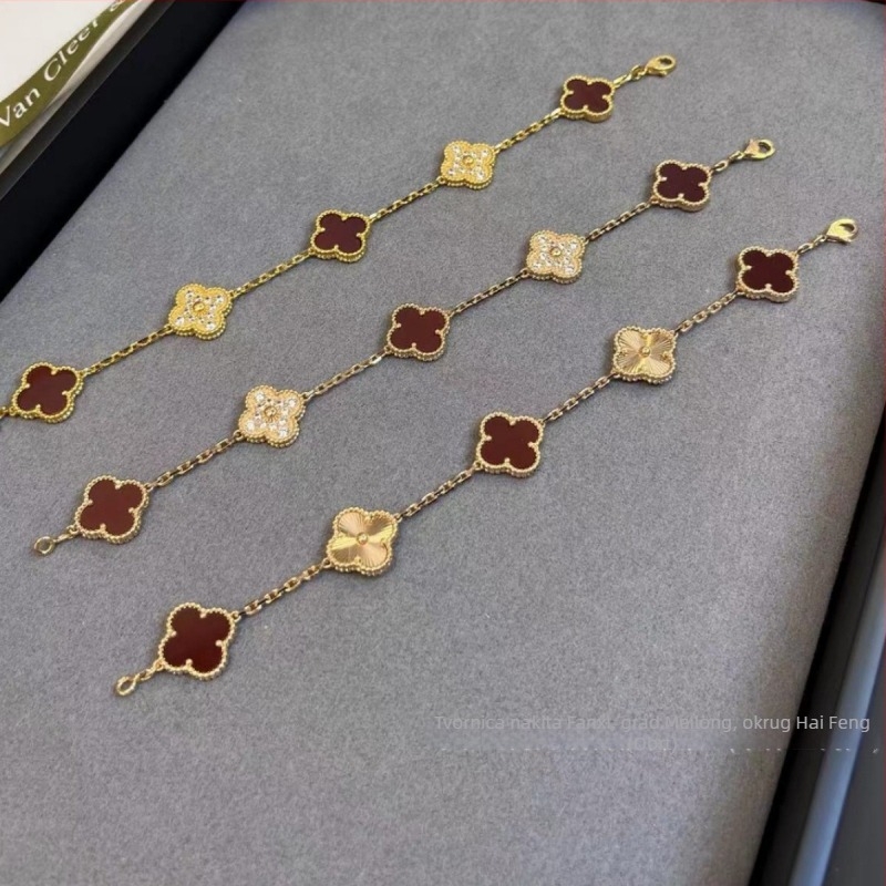 Set ogrlice i narukvice u obliku četverolistnog čahura od crvenog chalcedona, s 18K zlatim premazom, prirodni crveni ahat, cvjetni dizajn