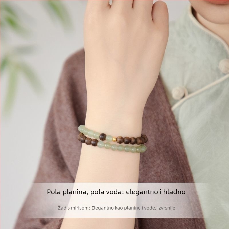 Ženska dvostruko slojevita narukvica od imitacije Hetian jade i agarwood, suptilan luksuz, kineski retro stil, novi model 2025