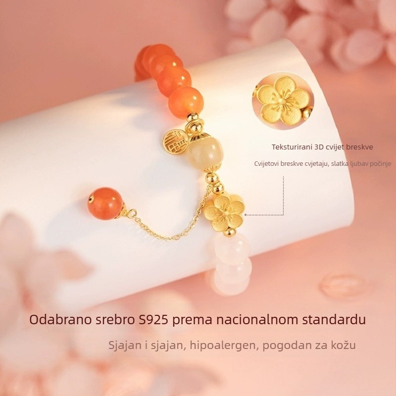 Sterling srebrna narukvica s cvijetom breskve i Hetian jadeom, za žene, lagani luksuzni dizajn, 2023