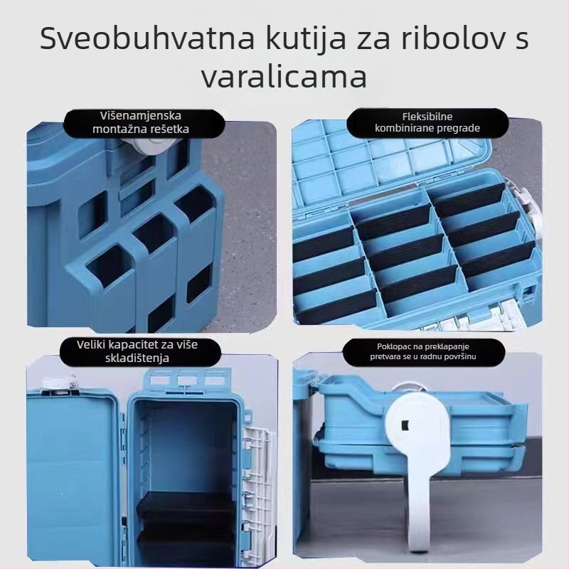 Vanjska kutija za ribolov s velikim kapacitetom, ojačanim zidovima, držačem štapa i višenamjenskom skladišnom kutijom