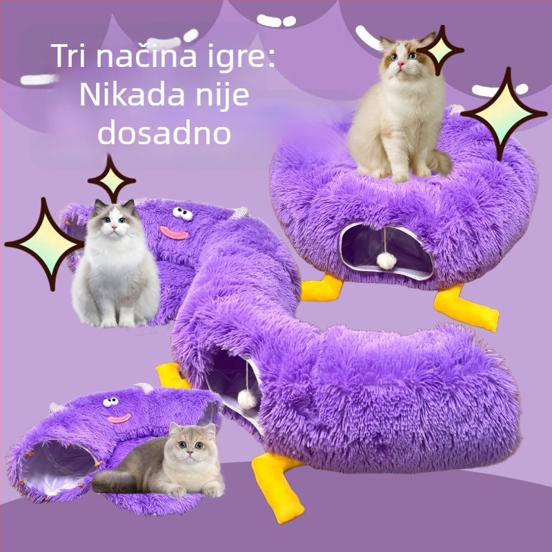 Dopamin ljubičasti plišani sklopivi tunel za mačke, u obliku krofne
