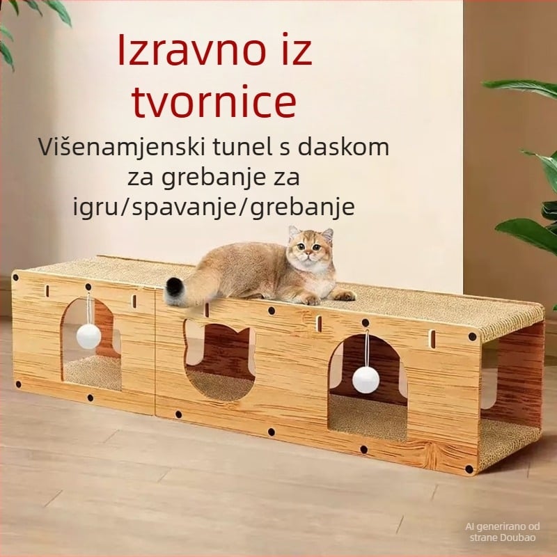 Velika kućica za mačke s uspravnom pločom za grebanje, mačjim tunelom i igračkom za samostalnu zabavu, izdržljiva ploča za grebanje
