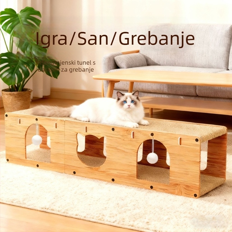 Velika kućica za mačke s uspravnom pločom za grebanje, mačjim tunelom i igračkom za samostalnu zabavu, izdržljiva ploča za grebanje