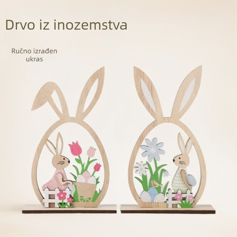 Drveni uskršnji zeko na slojevitoj pladnji, dekor za dom i proslave