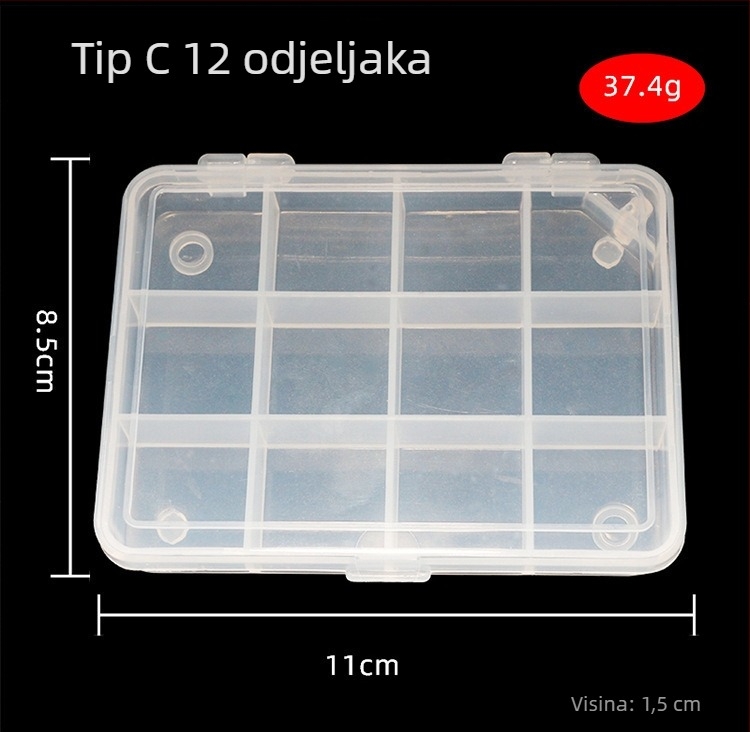 Prozirna plastična kutija s 12 pretinaca za ribolovne varalice i dodatke (PVC)