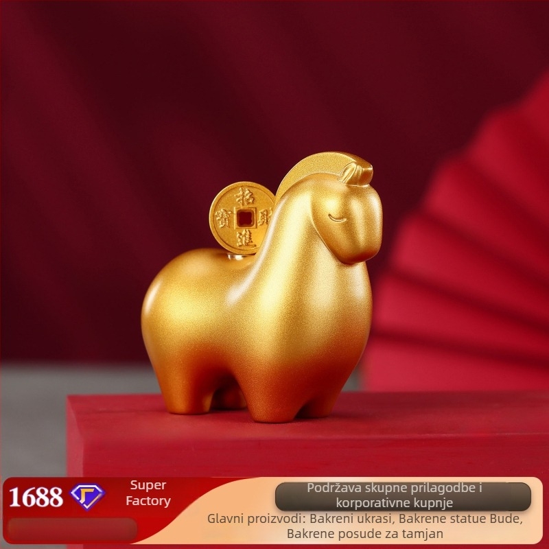 Mosadzna figural u kineskom stilu s motivom toka novca, Godina Konja, stolna dekoracija za dnevni boravak i ured