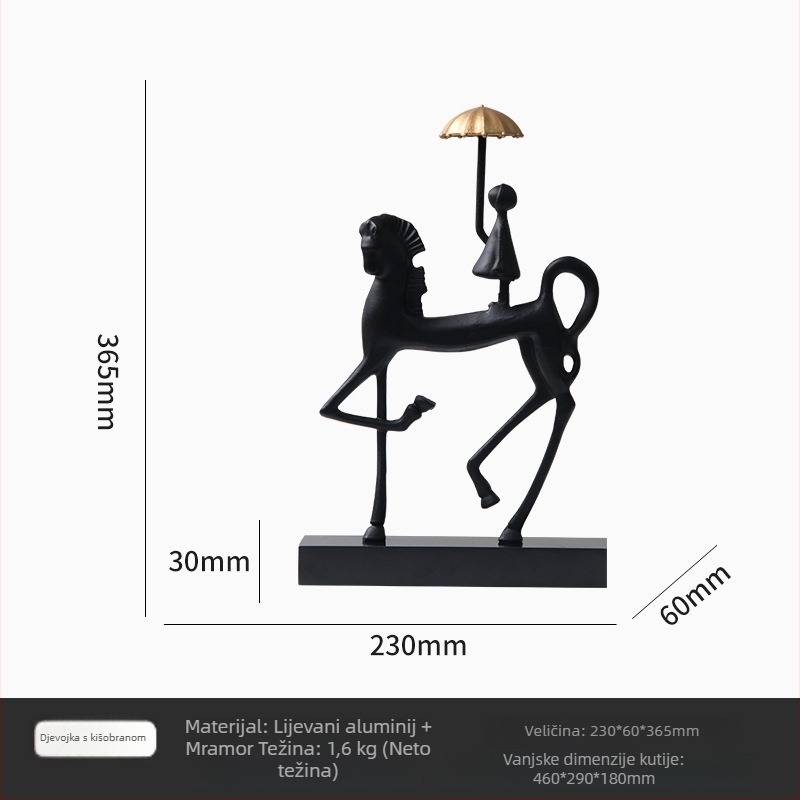 Metalna figurica: djevojka s kišobranom na konju