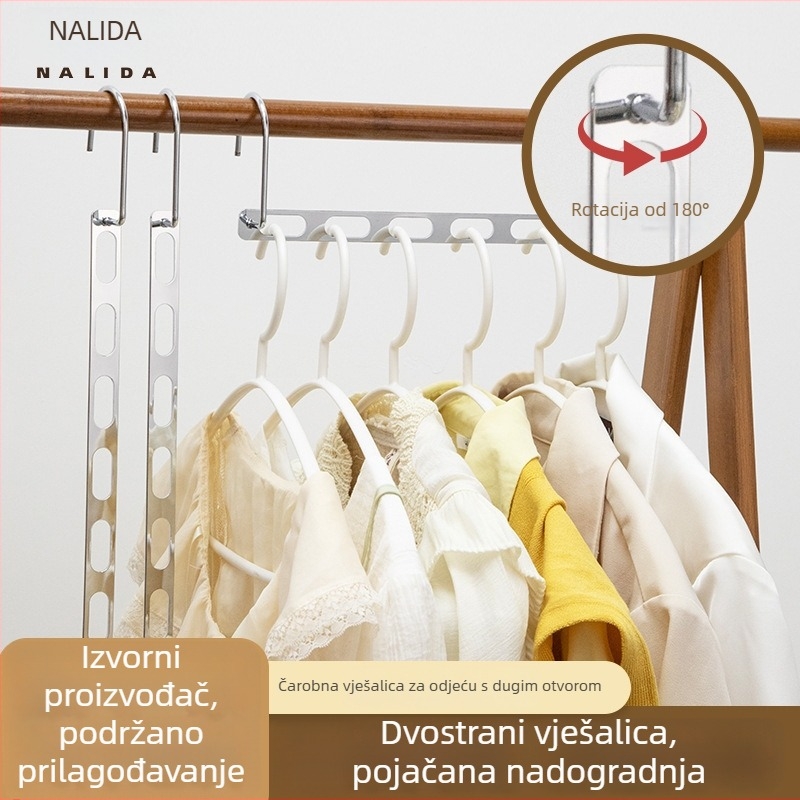 Okretna metalna vješalica za odjeću s sklopnim dizajnom i dugim otvorima za pohranu