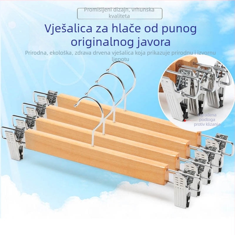 Drveni stalak za hlače s prirodnim završnim slojem — moderan kućni vješalica za odjeću