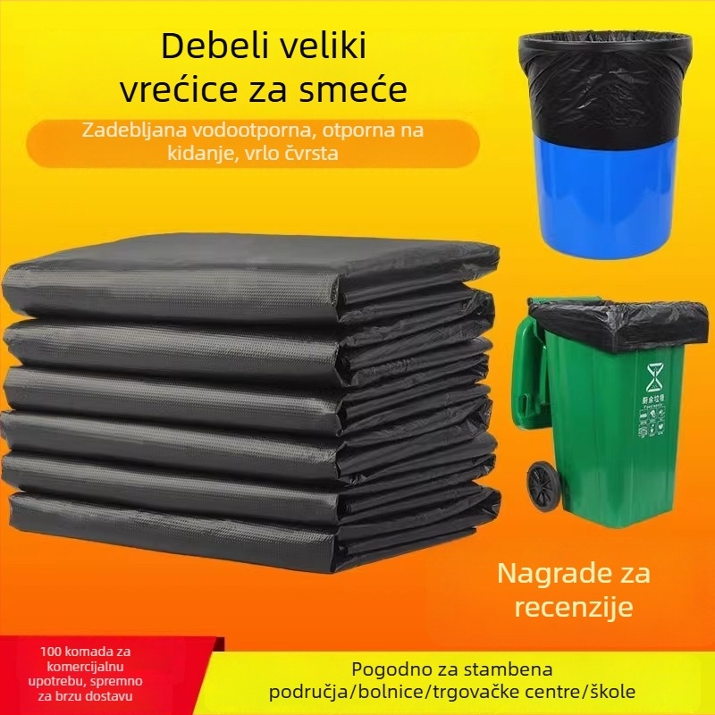 Velike debele crne plastične vreće za smeće, jednokratne, za kućnu, poslovnu i hotelsku upotrebu, s ravnim otvorom i ručkama