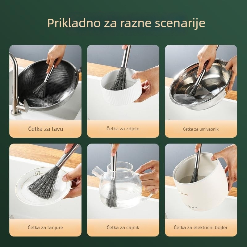 Nehrđajuća čelična četka za posuđe s dugim držalom za temeljito čišćenje, kuhinja, za vješanje, žičana četka za spojeve
