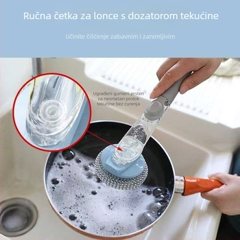 Četka za pranje posuđa s dugačkim držalom i spremnikom tekućine – kuhinjsko čišćenje lonaca, posuđa i zdjela, s čeličnom kuglicom