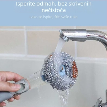 Četka za pranje posuđa s dugačkim držalom i spremnikom tekućine – kuhinjsko čišćenje lonaca, posuđa i zdjela, s čeličnom kuglicom