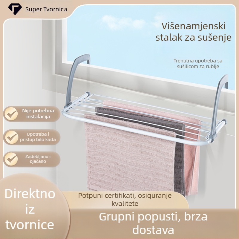 Nehrđajući čelični sušilo za odjeću s dvostrukom šipkom, sklopivo, za balkon i prozorski prag; organizator odjeće i cipela