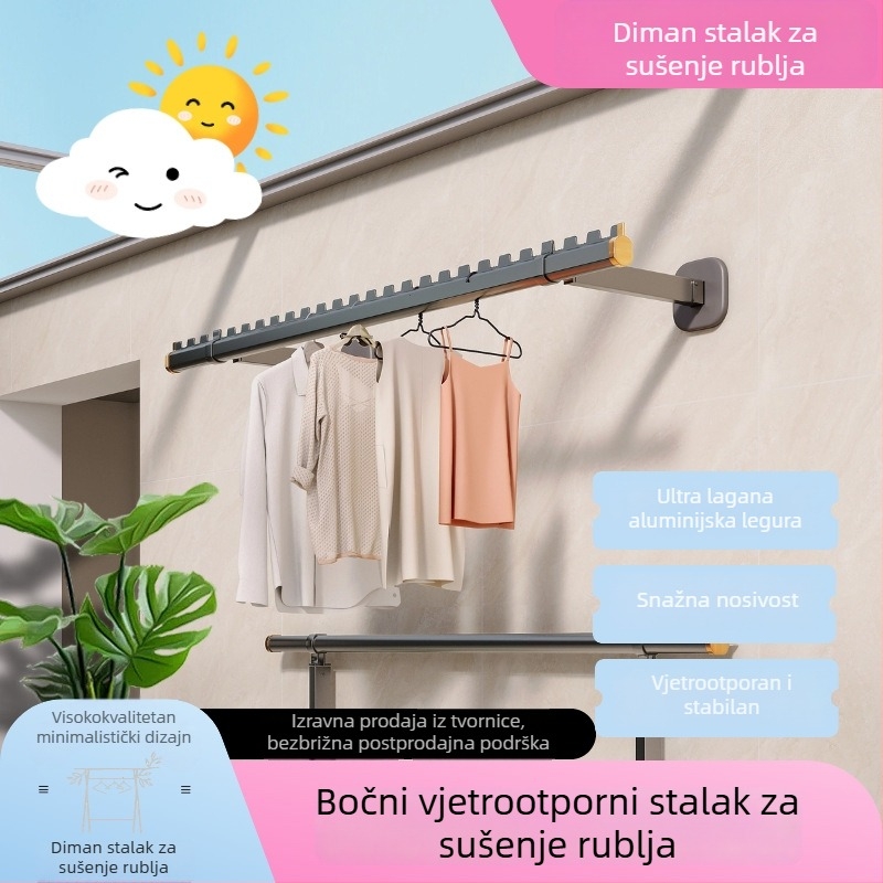 Bočno montiran sušilac za odjeću na balkonu, fiksni aluminijska legura, sklopiva šipka