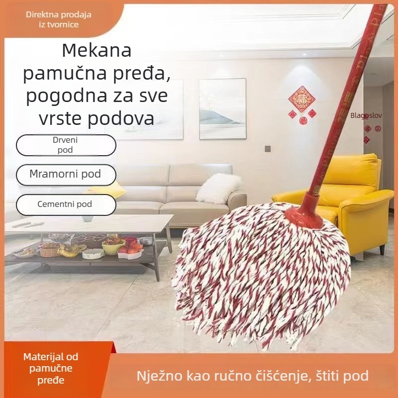 Debeli mop s drvenom drškom, okrugla glava, pamukove niti, upijajuće platnene trake, tradicionalni mop