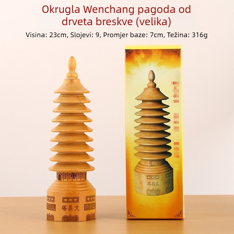 Okrugla drvena WenChang kula od drveta breskve, drvorez s devet slojeva, ukras za stol i ured.