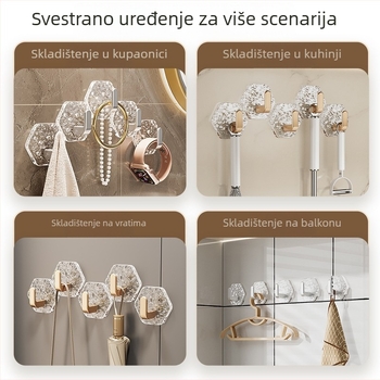 Šesterokutna kuka za kupaonicu s ljepilnim držačem, bez bušenja, prozirni akril