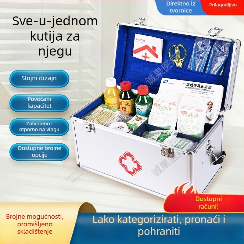 Kućni medicinski komplet od aluminijske legure, prijenosna kutija za prvu pomoć s 3 odjeljka