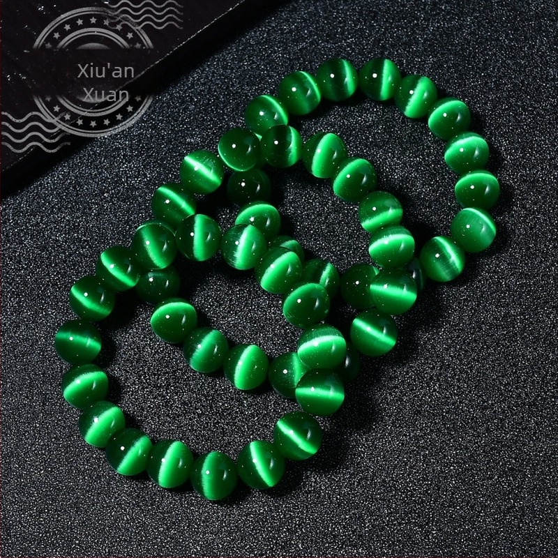 Ženski narukvica s jednim krugom od zelenih staklenih perli s mačjim okom