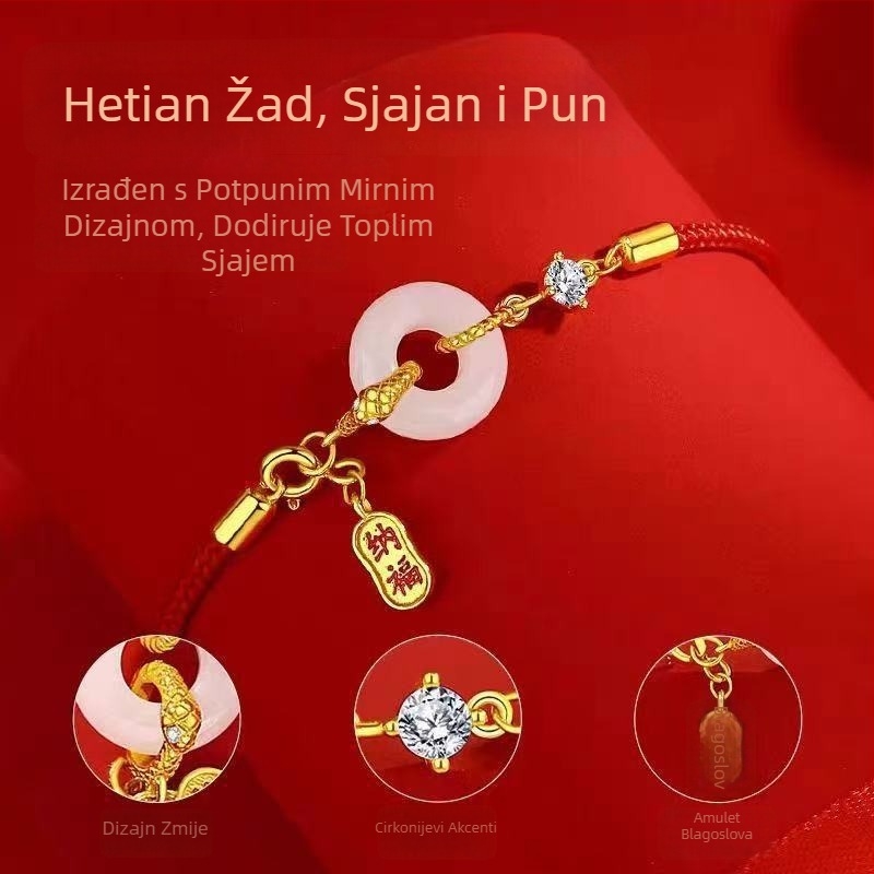 Narukvica od Hetianskog nefrita s Ping An kopčom, crveni konac, za žene, pleteni modni dodatak