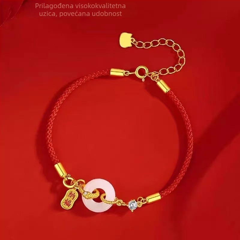 Narukvica od Hetianskog nefrita s Ping An kopčom, crveni konac, za žene, pleteni modni dodatak