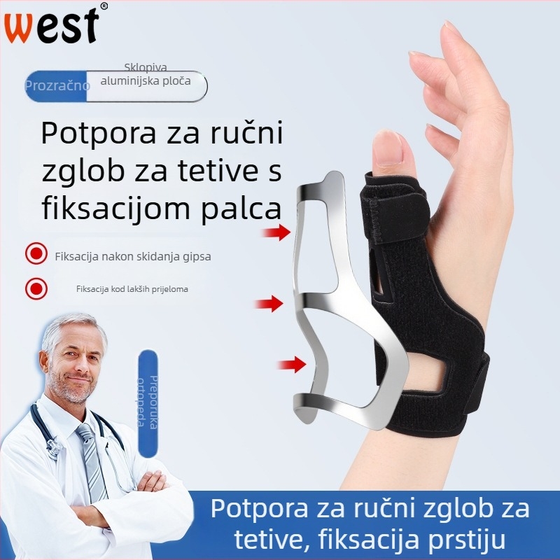 Prozračni zapešćni steznik s zaštitom tetivnog omotača, fiksacija palca aluminijskom pločom, kompresijski zaštitnik za prste