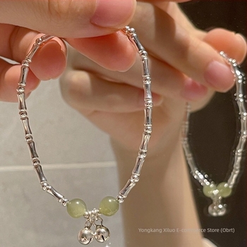 925 srebrna narukvica s zvončićem, dizajn od bambusnih segmenata i Hetian jade, za žene