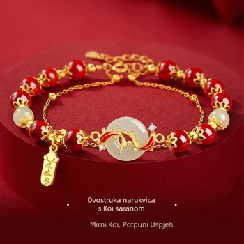Ženski dvostruki narukvica s imitacijom crvenog ahata i koi ribe motívom, kineskog retro stila dizajn, Peace Buckle kopča