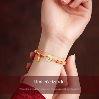 Ženski dvostruki narukvica s imitacijom crvenog ahata i koi ribe motívom, kineskog retro stila dizajn, Peace Buckle kopča