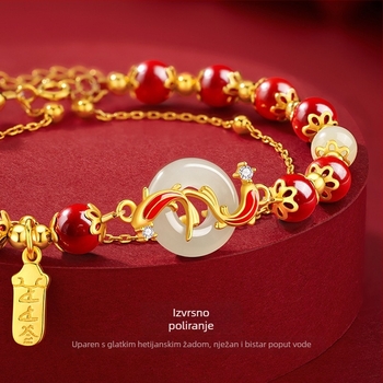 Ženski dvostruki narukvica s imitacijom crvenog ahata i koi ribe motívom, kineskog retro stila dizajn, Peace Buckle kopča