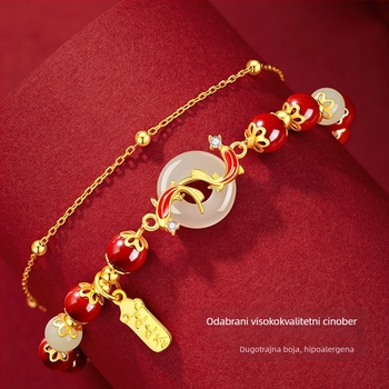 Ženski dvostruki narukvica s imitacijom crvenog ahata i koi ribe motívom, kineskog retro stila dizajn, Peace Buckle kopča