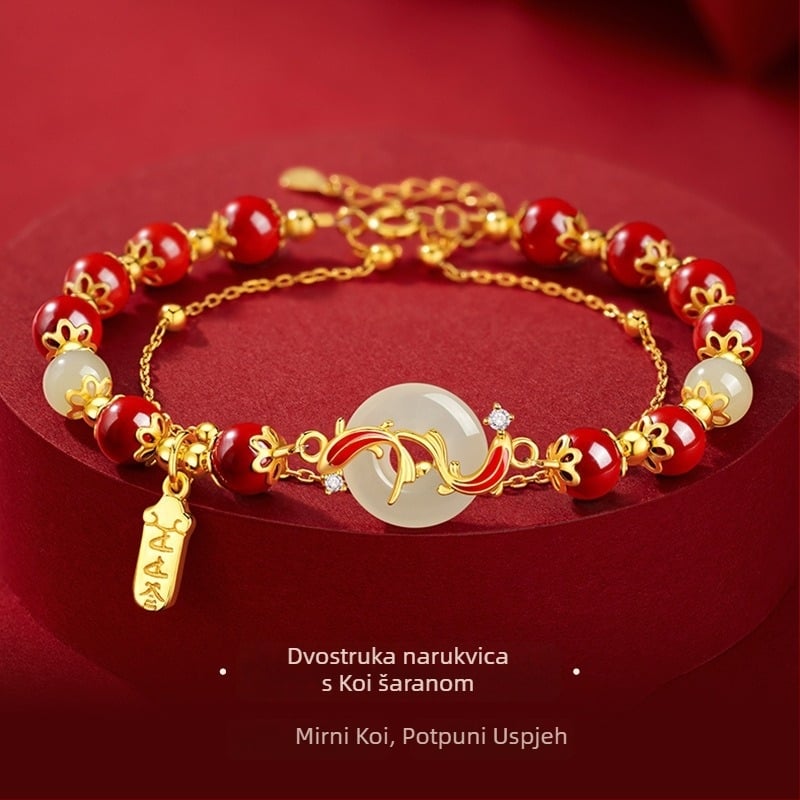 Ženski dvostruki narukvica s imitacijom crvenog ahata i koi ribe motívom, kineskog retro stila dizajn, Peace Buckle kopča