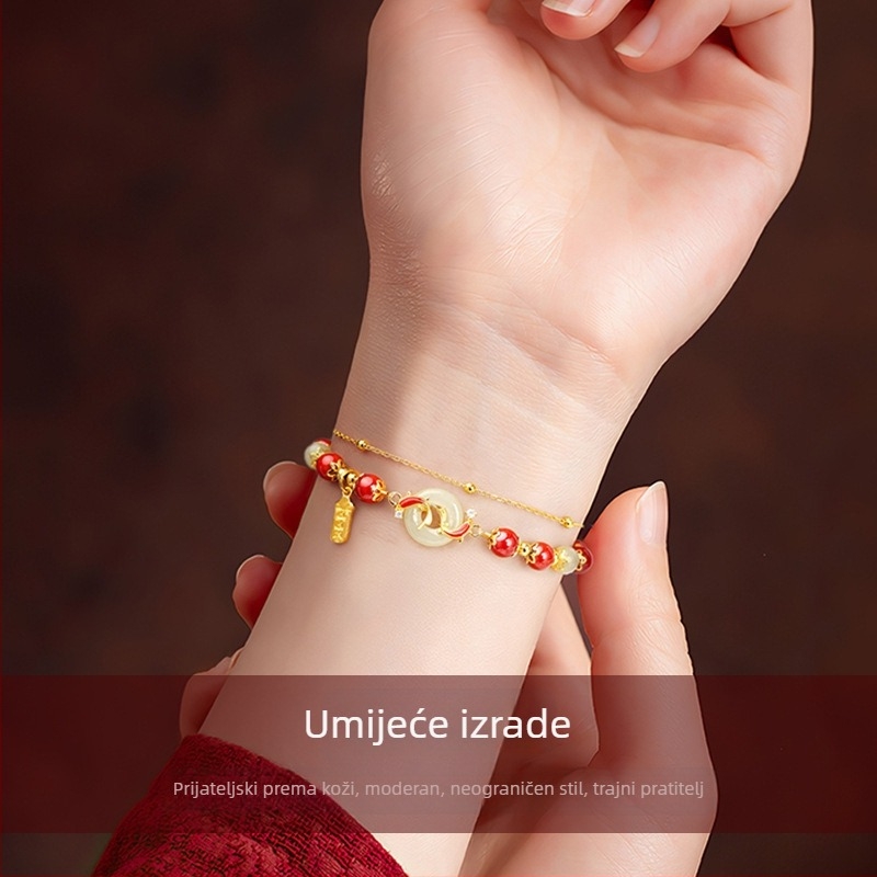 Ženski dvostruki narukvica s imitacijom crvenog ahata i koi ribe motívom, kineskog retro stila dizajn, Peace Buckle kopča