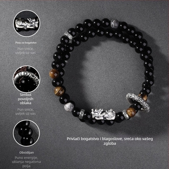 Narukvica Pixiu od obsidijana za muškarce, vintage dvostruko slojevita narukvica s sigurnosnom kopčom, poklon za rođendan dečku