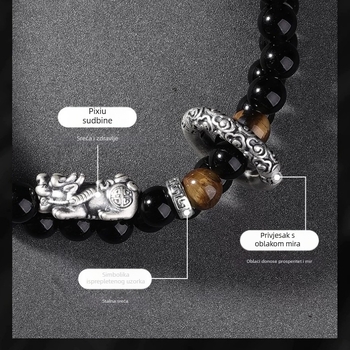 Narukvica Pixiu od obsidijana za muškarce, vintage dvostruko slojevita narukvica s sigurnosnom kopčom, poklon za rođendan dečku