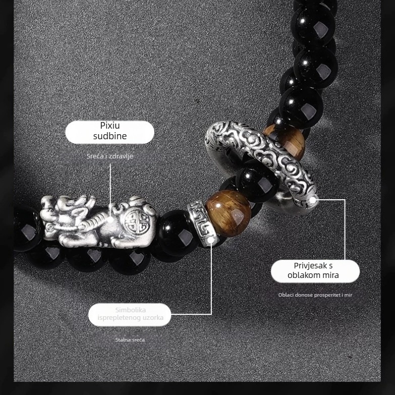 Narukvica Pixiu od obsidijana za muškarce, vintage dvostruko slojevita narukvica s sigurnosnom kopčom, poklon za rođendan dečku