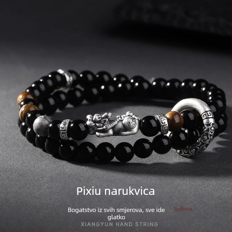 Narukvica Pixiu od obsidijana za muškarce, vintage dvostruko slojevita narukvica s sigurnosnom kopčom, poklon za rođendan dečku