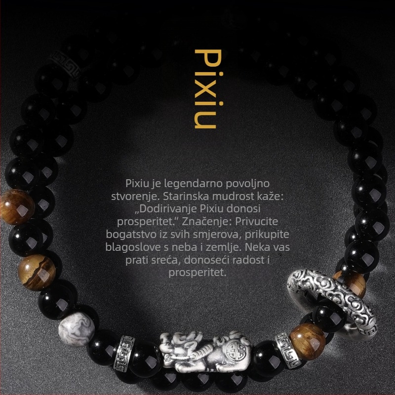 Narukvica Pixiu od obsidijana za muškarce, vintage dvostruko slojevita narukvica s sigurnosnom kopčom, poklon za rođendan dečku