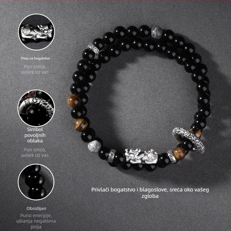 Narukvica Pixiu od obsidijana za muškarce, vintage dvostruko slojevita narukvica s sigurnosnom kopčom, poklon za rođendan dečku