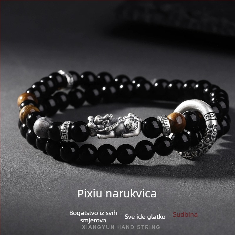 Narukvica Pixiu od obsidijana za muškarce, vintage dvostruko slojevita narukvica s sigurnosnom kopčom, poklon za rođendan dečku