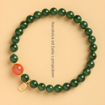 Narukvica od nefrita i stakla s kvarcom jagode i crvenim perlama, talisman sreće, neo-kineski stil, zelena nijansa koja ističe ten, retro minimalistički poklon djevojci